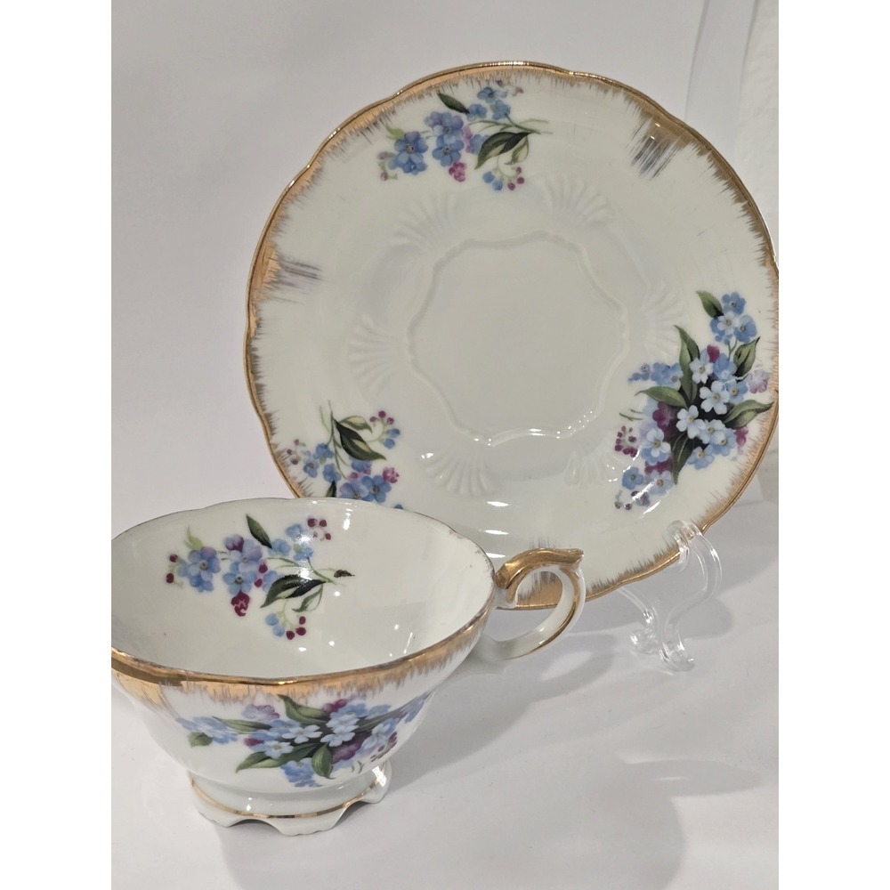 Vintage Japan Nippon Yoko Boeki Co. Porcelain Floral Teacup and Saucer Set Blue